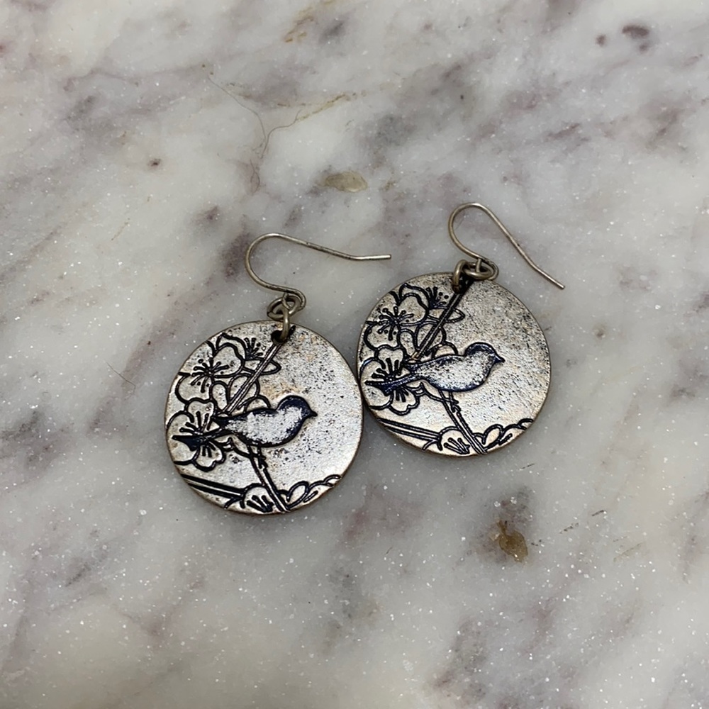 Silver floral bird earrings